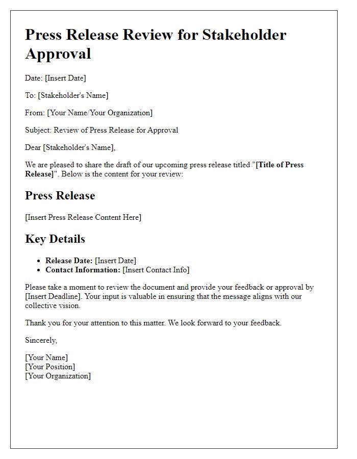 Letter template of press release review for stakeholder approval