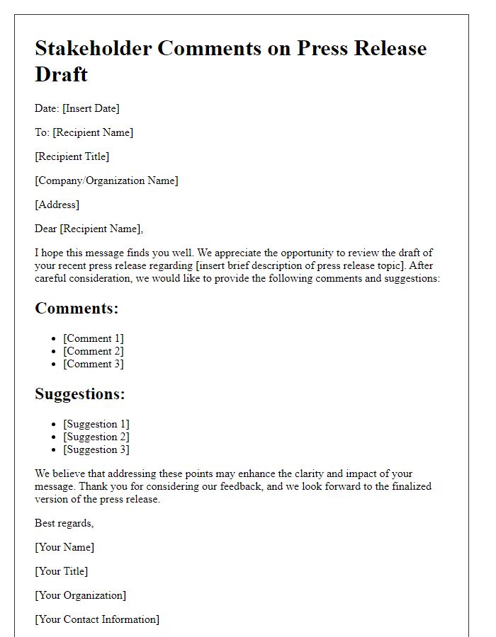 Letter template of stakeholder comments on press release draft