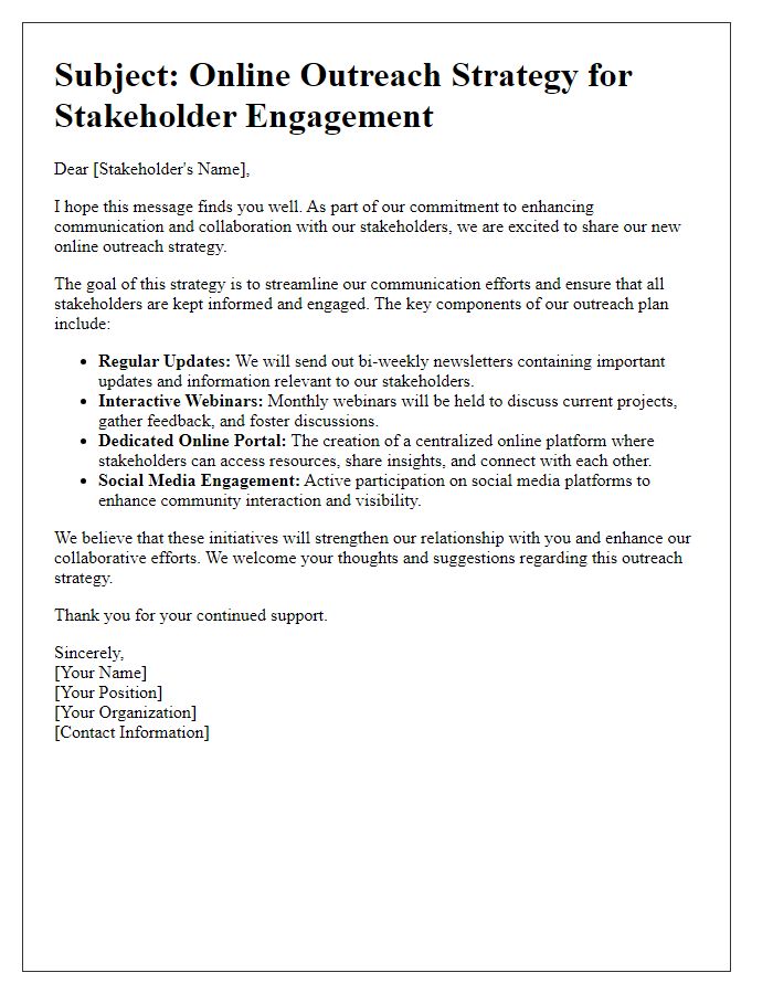 Letter template of online outreach strategy for stakeholder communication