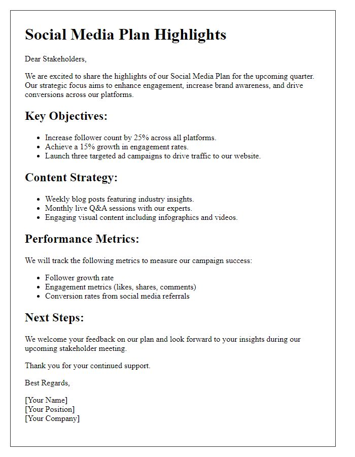 Letter template of social media plan highlights for stakeholder review