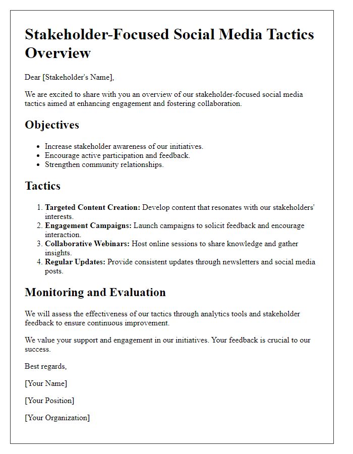 Letter template of stakeholder-focused social media tactics overview