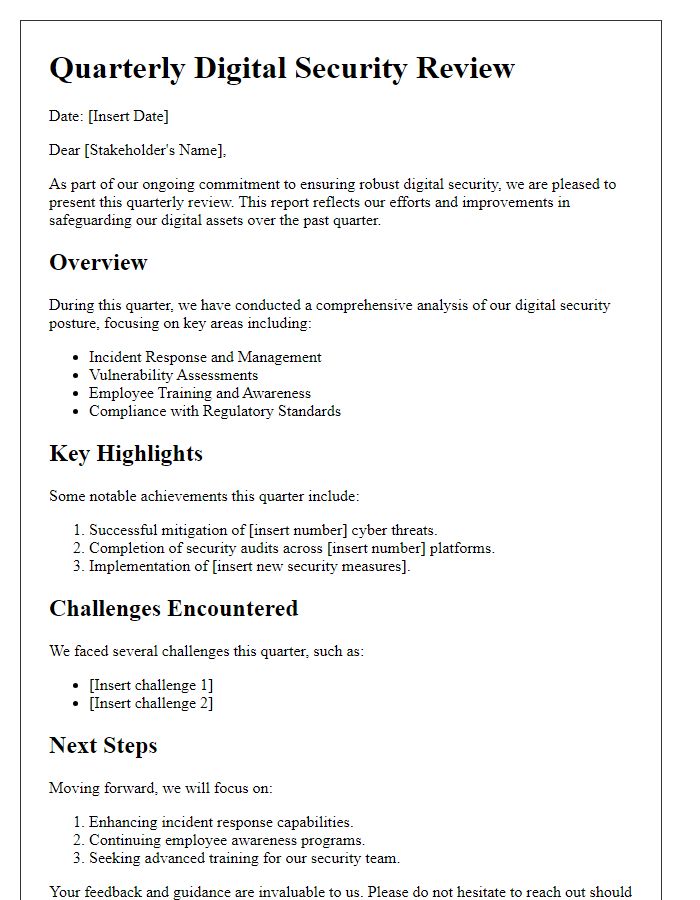 Letter template of quarterly digital security review for key stakeholders