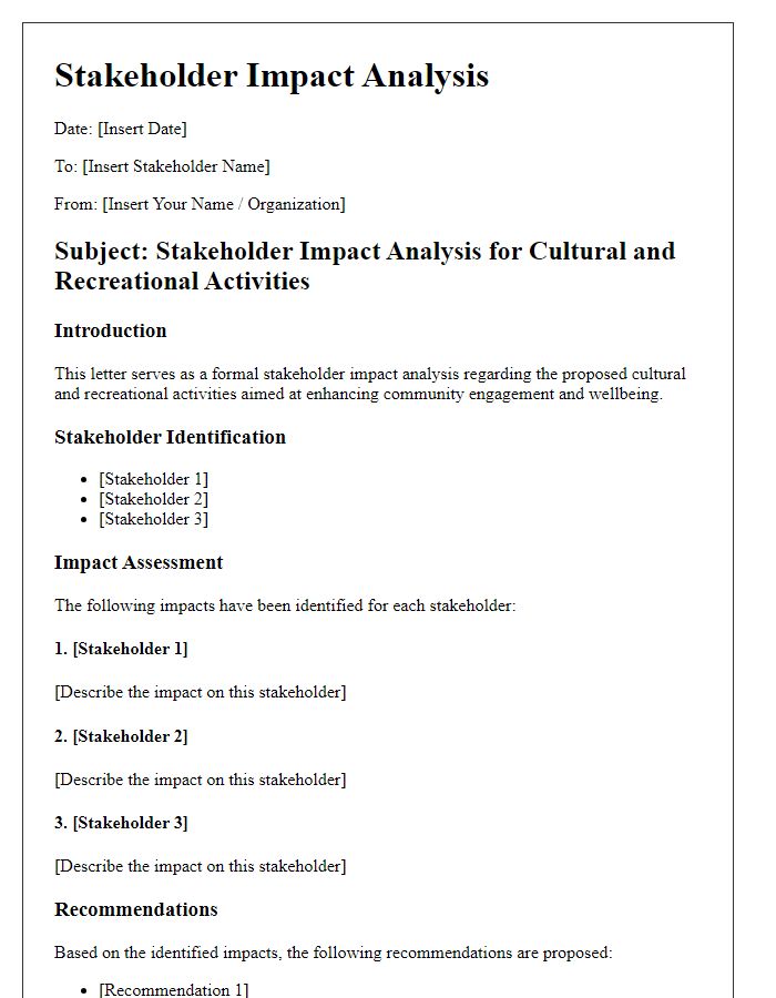 Letter template of stakeholder impact analysis for cultural and recreational activities