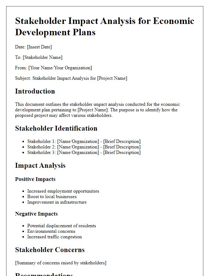 Letter template of stakeholder impact analysis for economic development plans