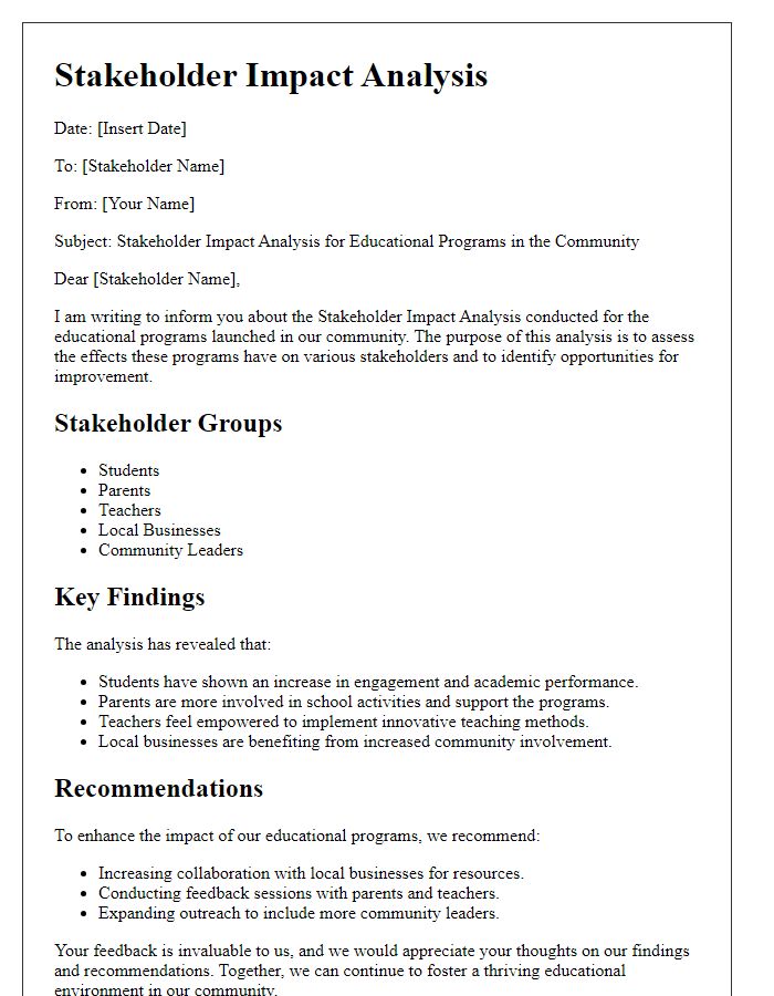 Letter template of stakeholder impact analysis for educational programs in the community