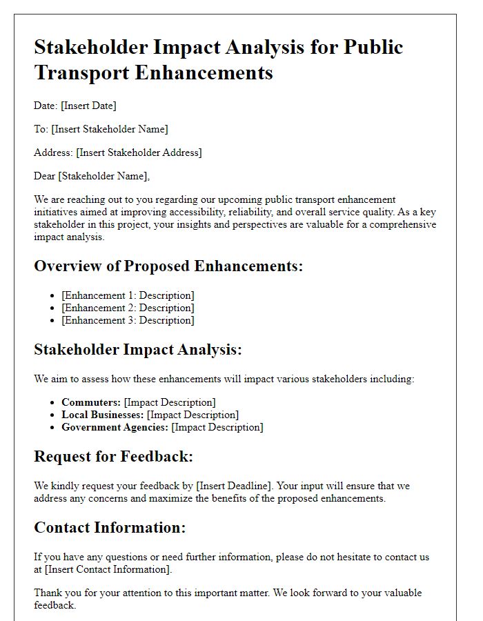 Letter template of stakeholder impact analysis for public transport enhancements