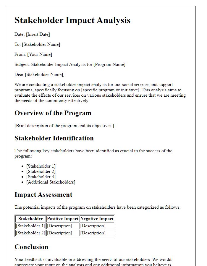 Letter template of stakeholder impact analysis for social services and support programs