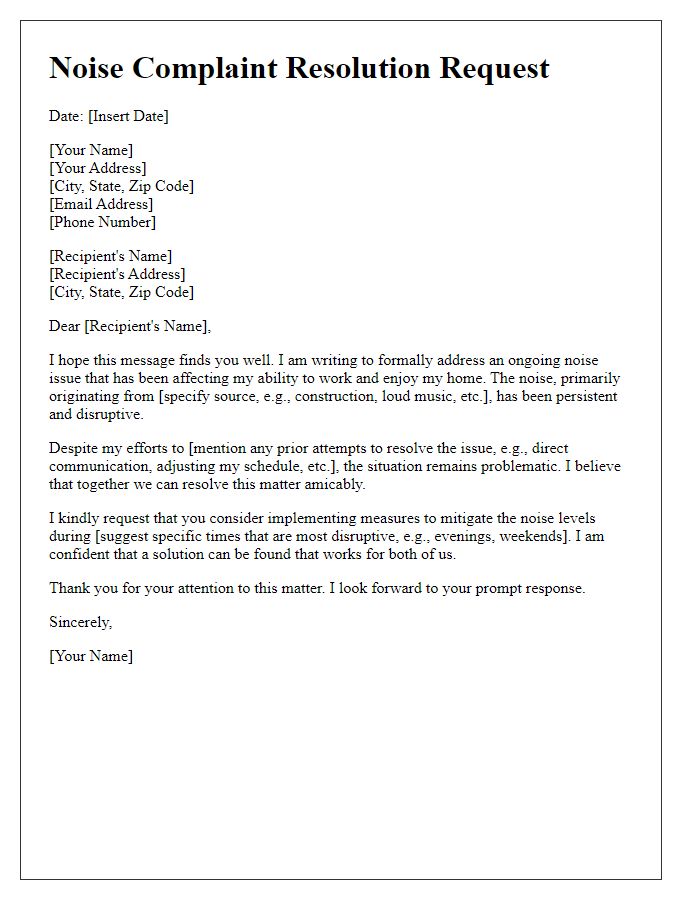 Letter template of freelance noise complaint resolution request.