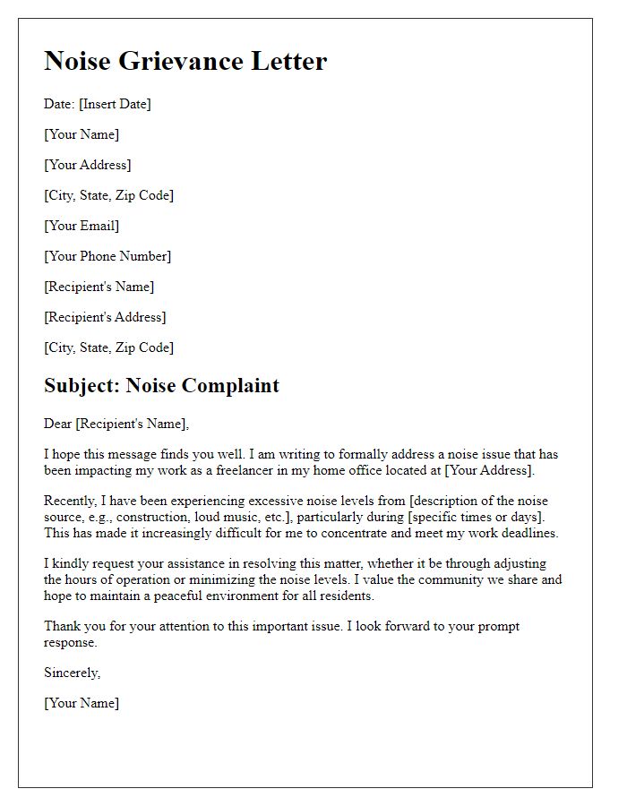 Letter template of freelance noise grievance letter.