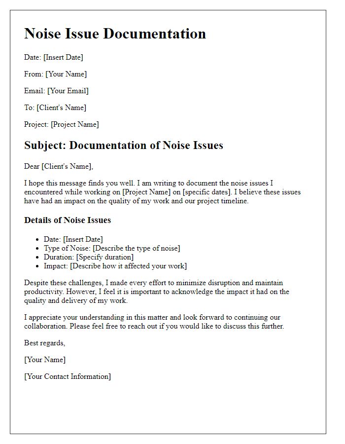 Letter template of freelance noise issue documentation.