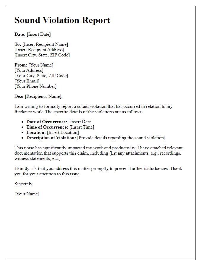 Letter template of freelance sound violation report.