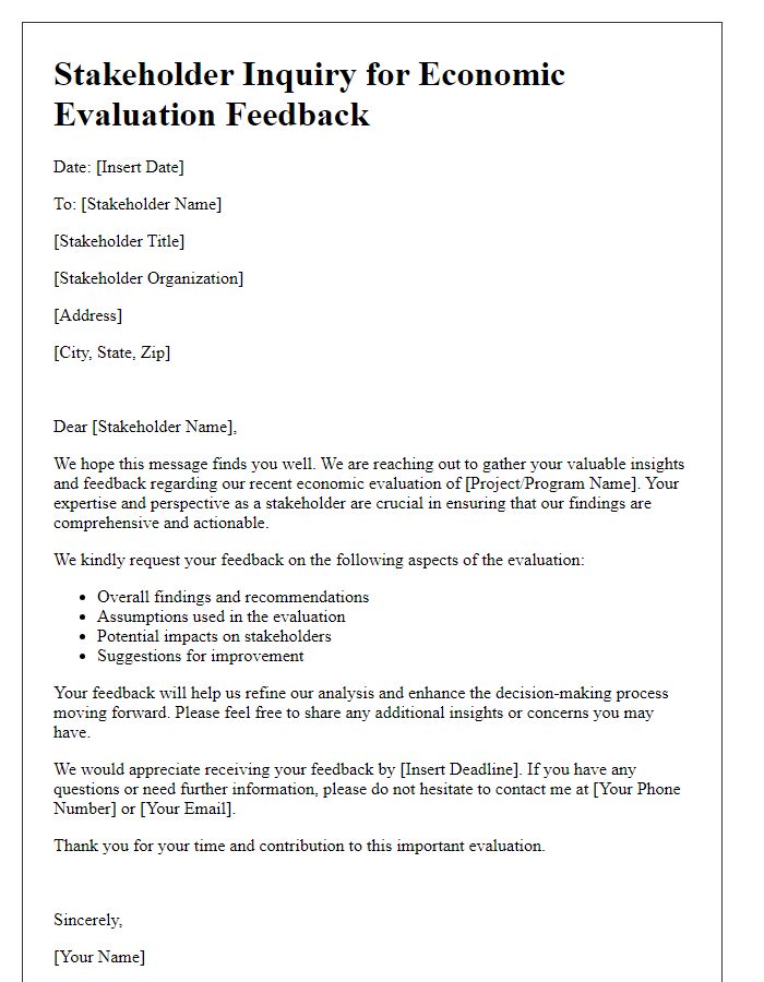 Letter template of stakeholder inquiry for economic evaluation feedback.