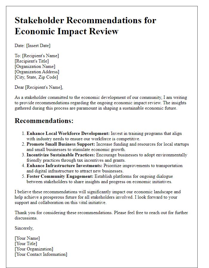 Letter template of stakeholder recommendations for economic impact review.