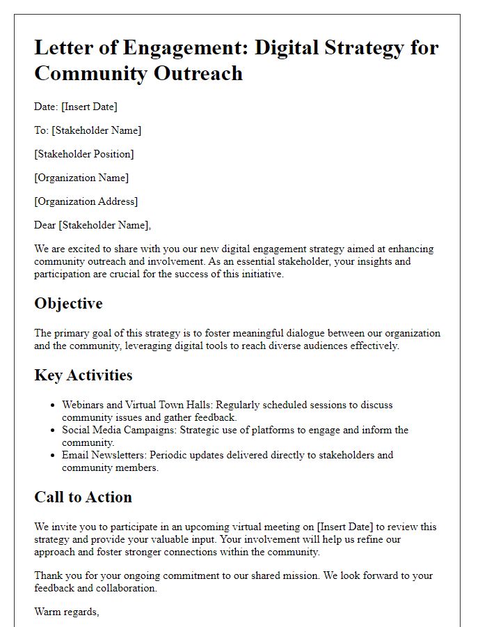 Letter template of stakeholder digital engagement strategy for community outreach.