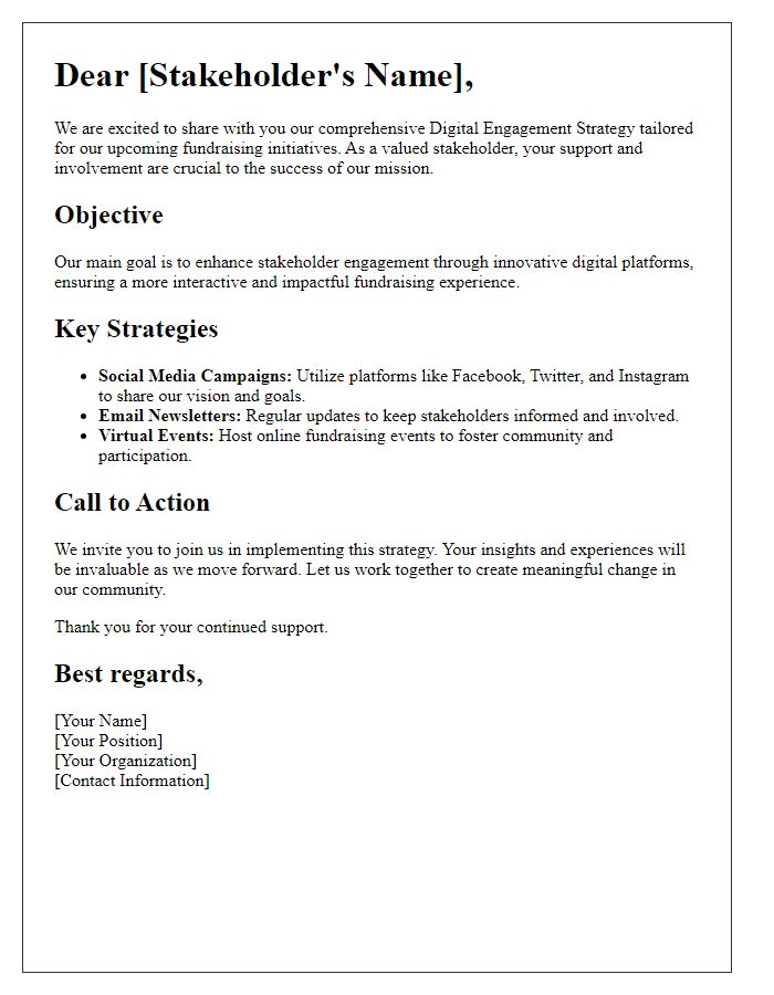 Letter template of stakeholder digital engagement strategy for fundraising initiatives.