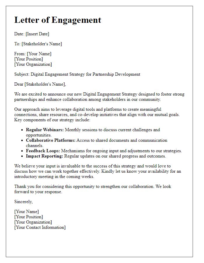 Letter template of stakeholder digital engagement strategy for partnership development.