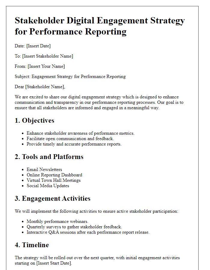 Letter template of stakeholder digital engagement strategy for performance reporting.