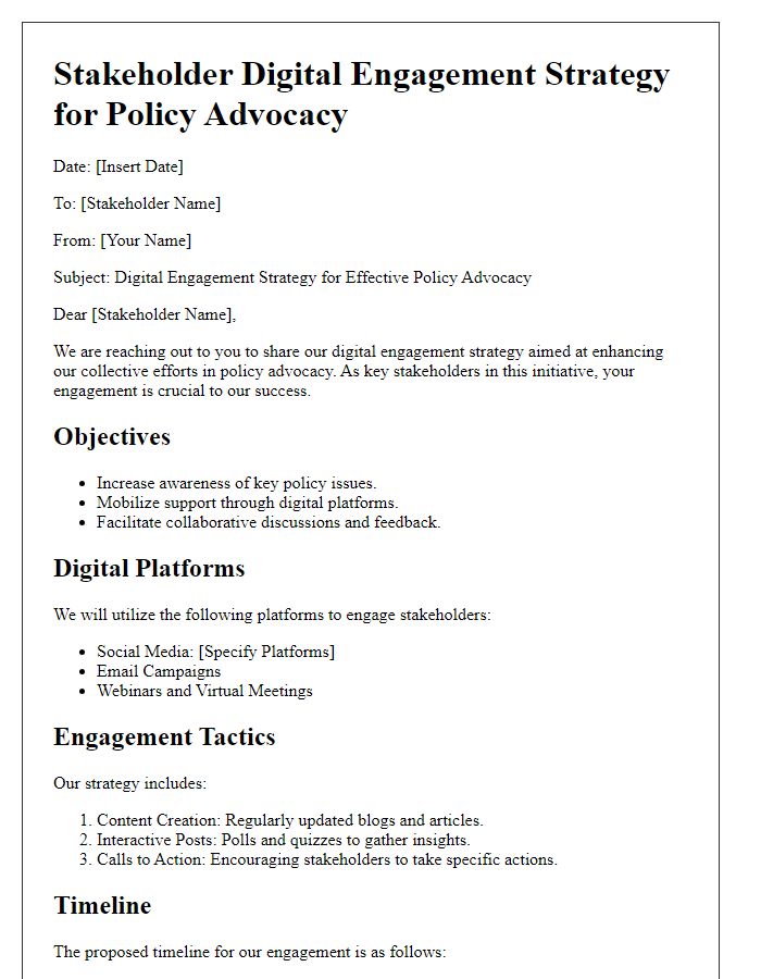 Letter template of stakeholder digital engagement strategy for policy advocacy.