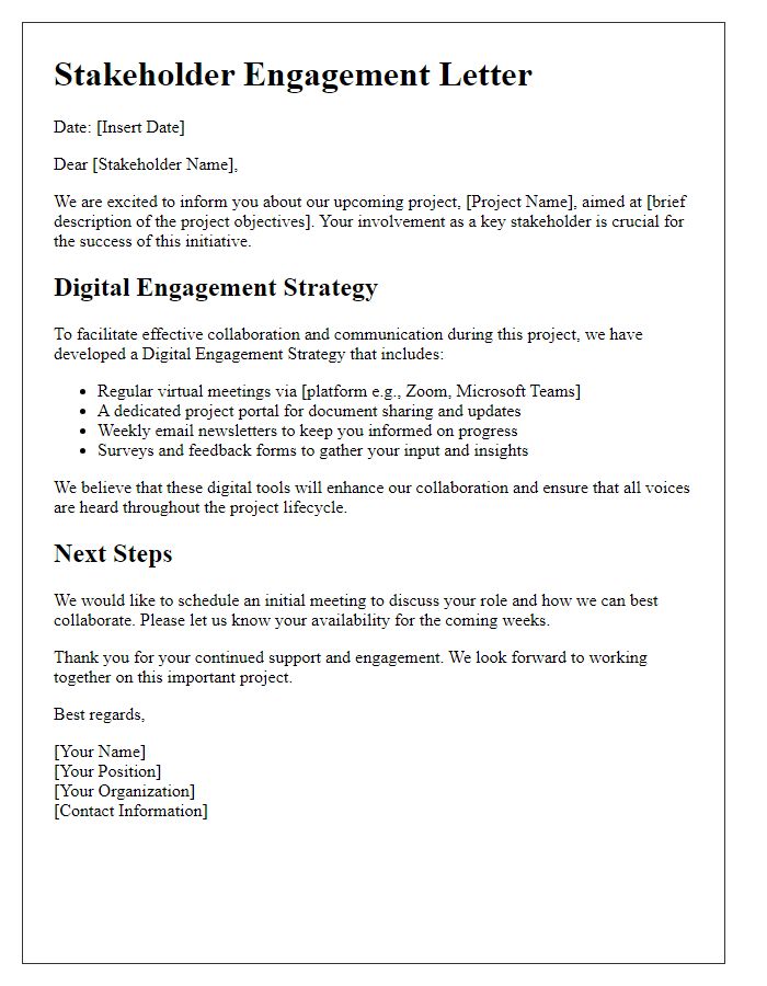 Letter template of stakeholder digital engagement strategy for project collaboration.