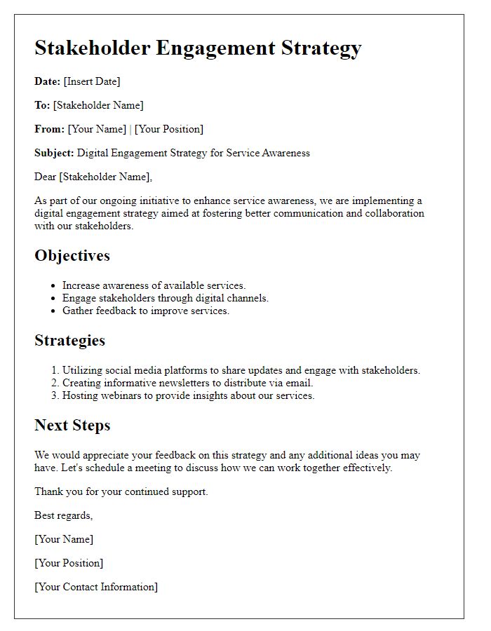 Letter template of stakeholder digital engagement strategy for service awareness.