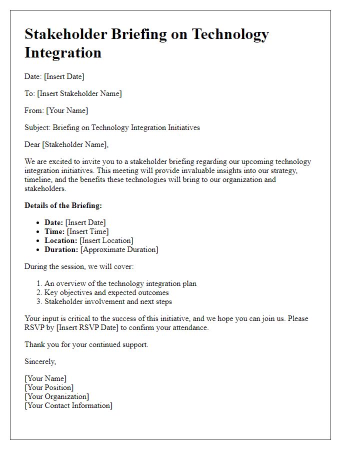 Letter template of stakeholder briefing on tech integration