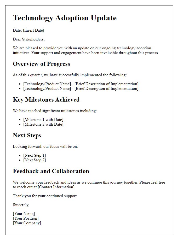 Letter template of technology adoption update for stakeholders