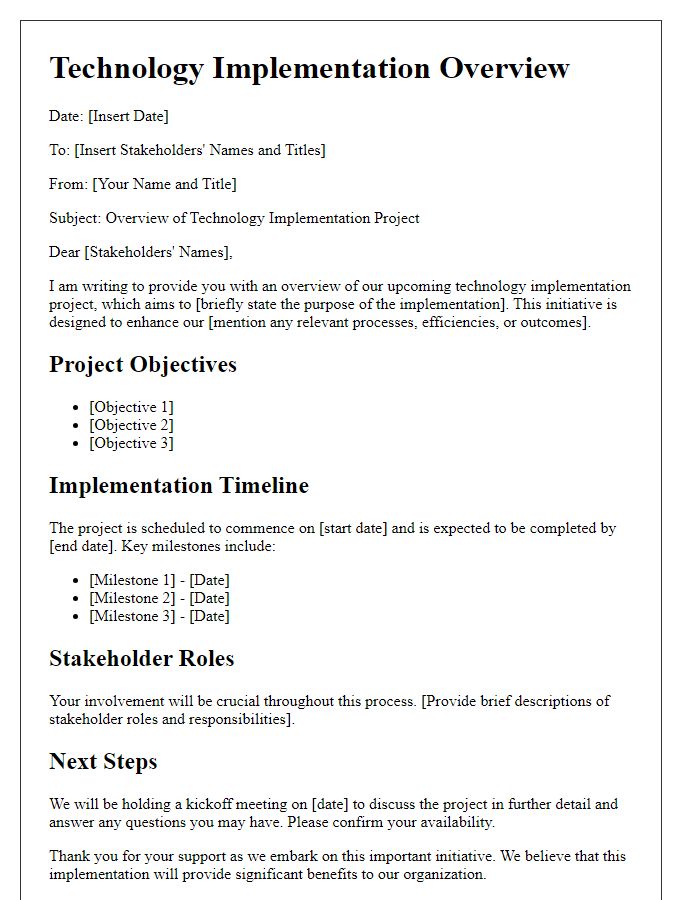 Letter template of technology implementation overview for stakeholders