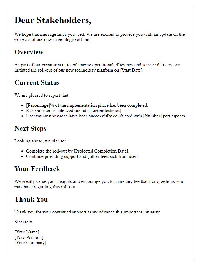 Letter template of update on new technology roll-out for stakeholders