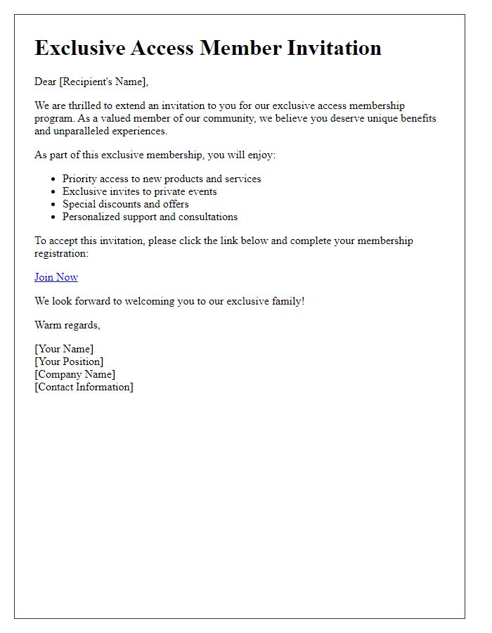 Letter template of Exclusive Access Member Invitation