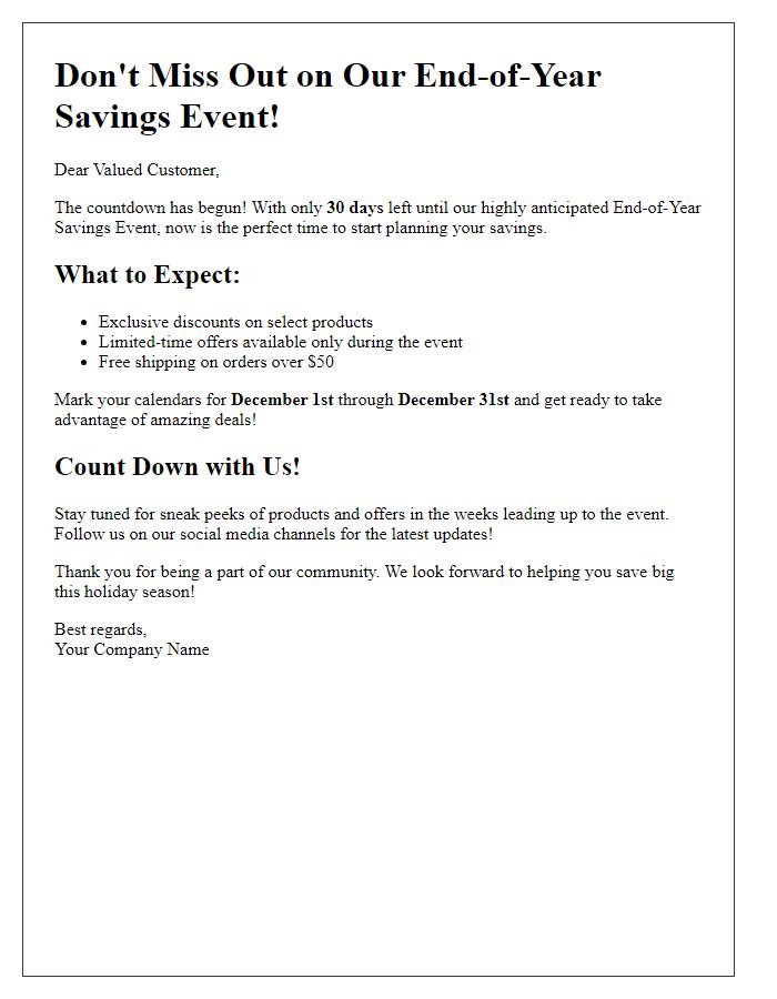 Letter template of countdown to end-of-year savings event