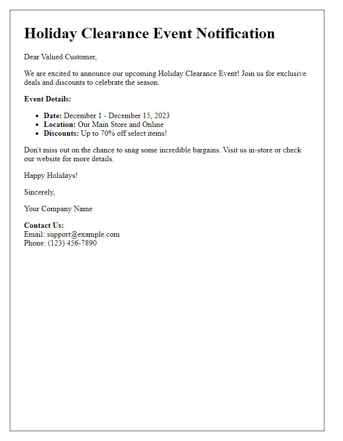 Letter template of holiday clearance event notification