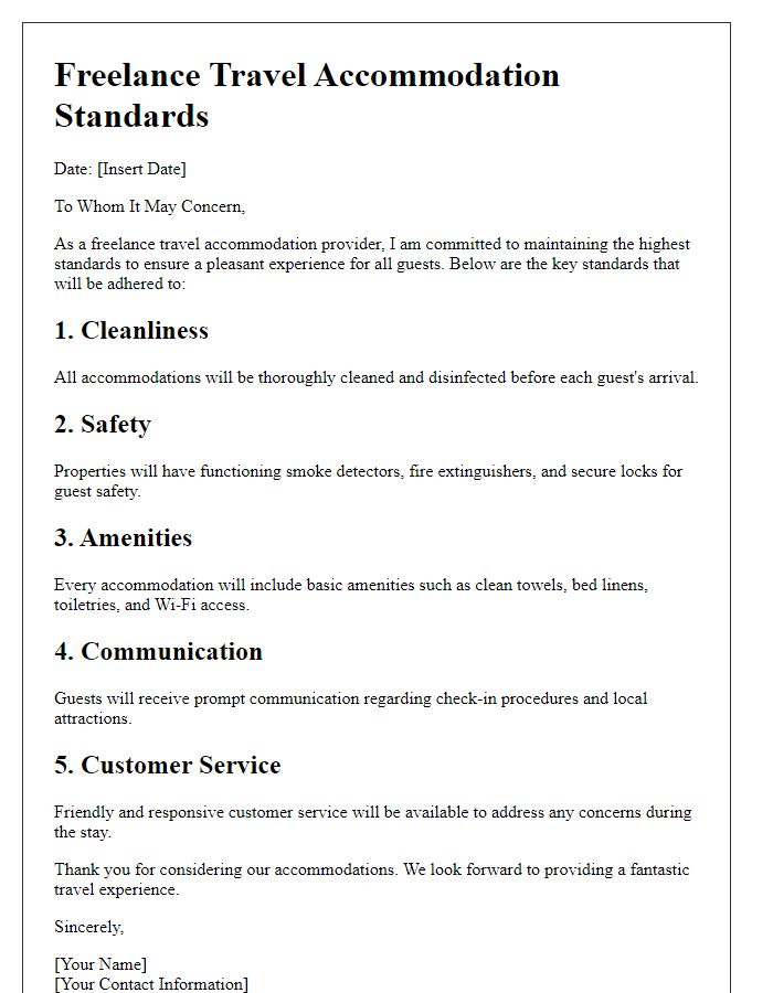 Letter template of freelance travel accommodation standards