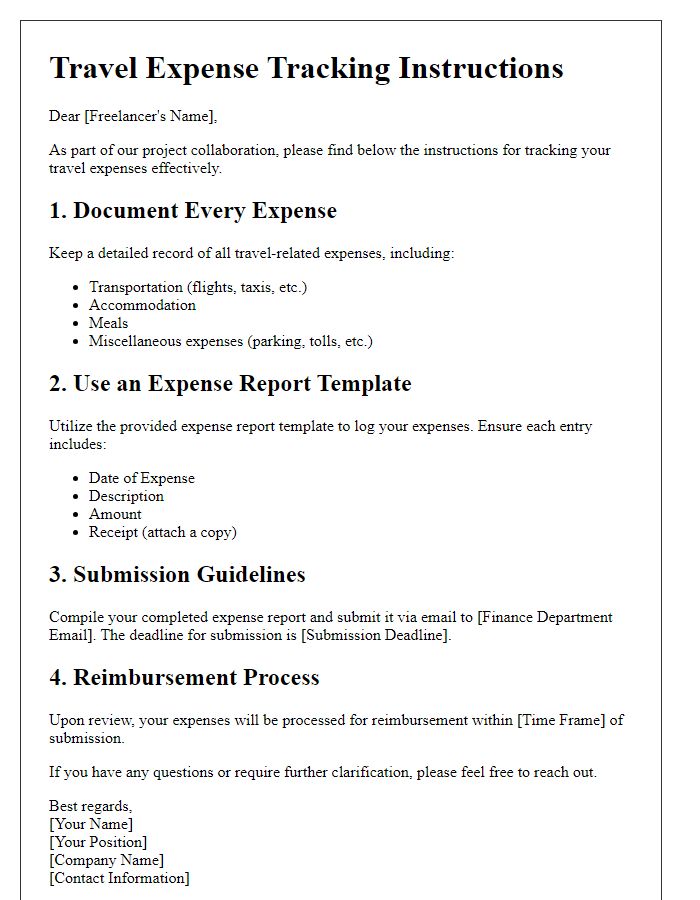 Letter template of freelance travel expense tracking instructions