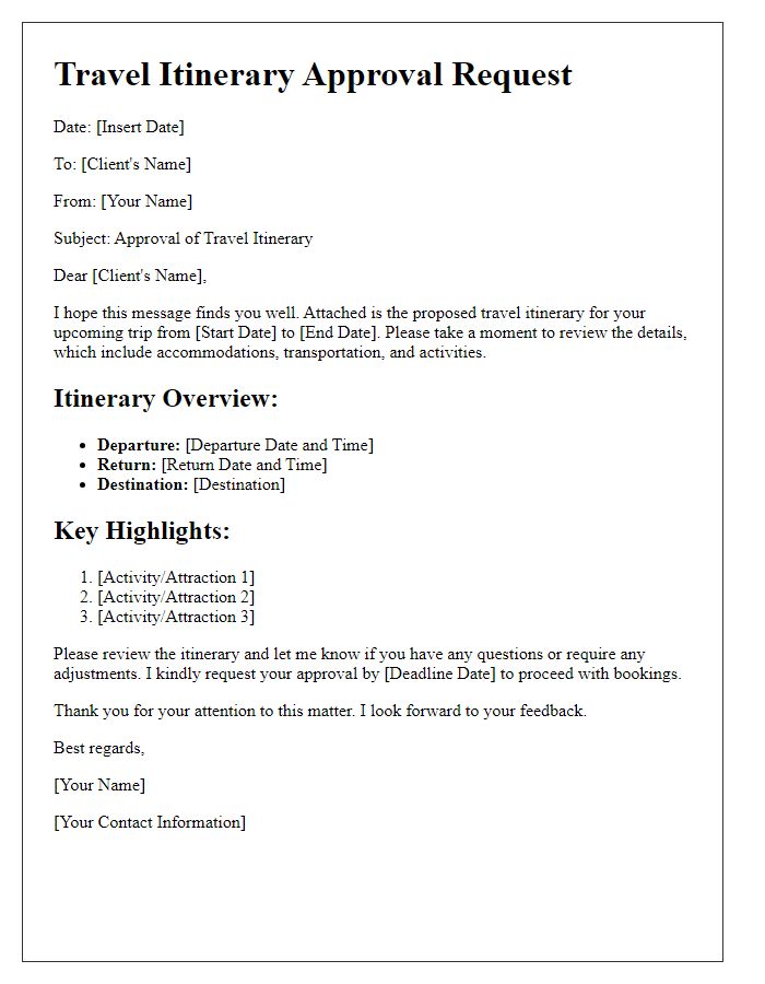 Letter template of freelance travel itinerary approval process