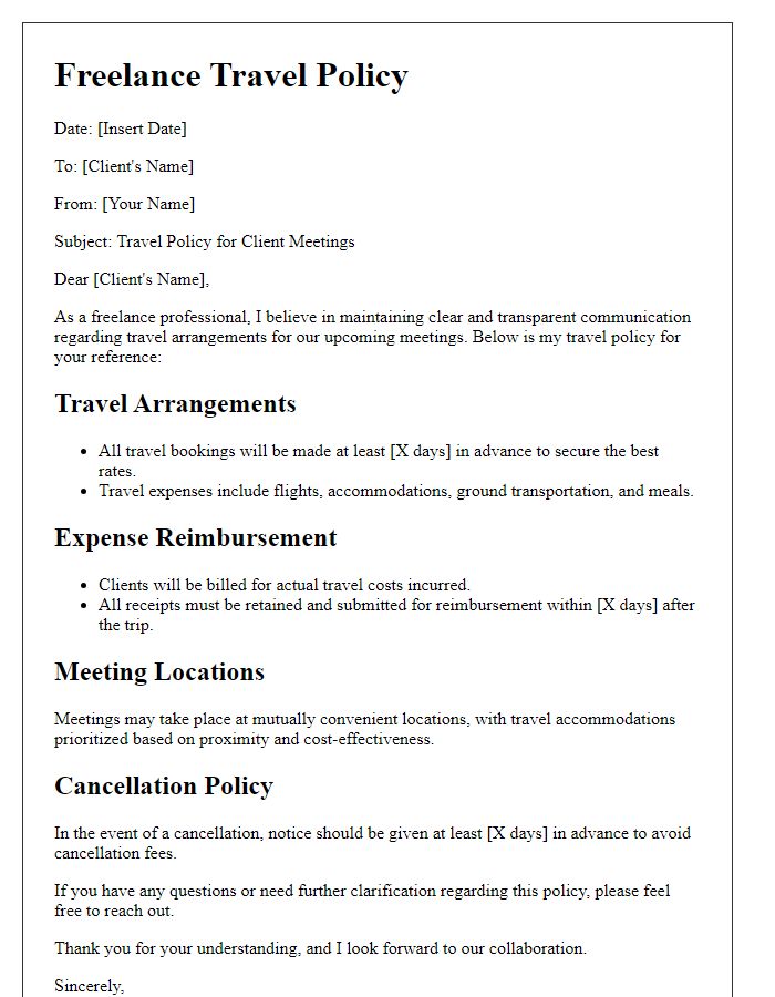 Letter template of freelance travel policy for client meetings