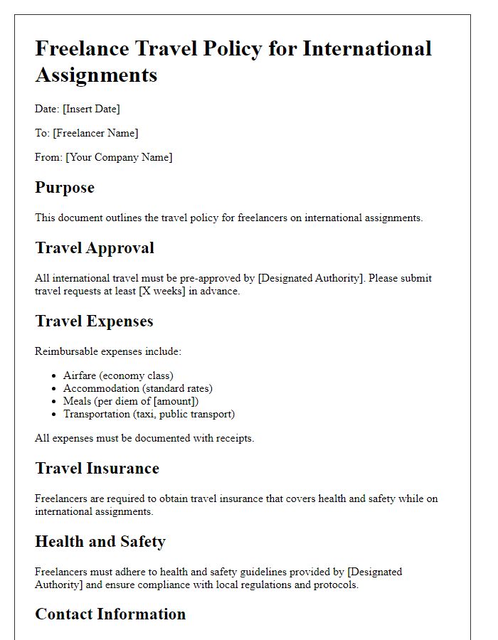 Letter template of freelance travel policy for international assignments