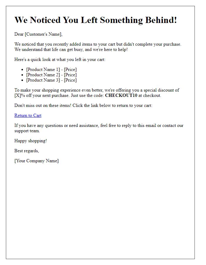 Letter template of checkout assistance for abandoned carts.