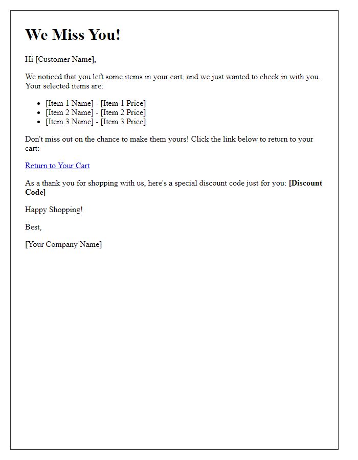 Letter template of personalized follow-up for cart abandonment.