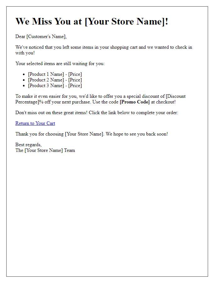 Letter template of re-engagement for neglected shopping carts.