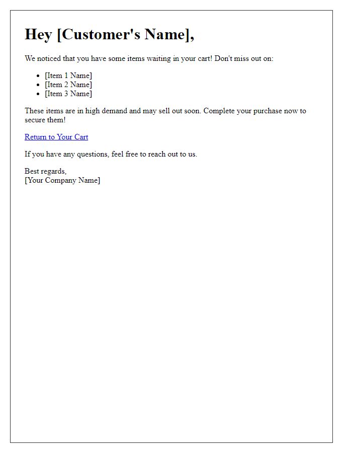 Letter template of urgency reminder for items left in cart.