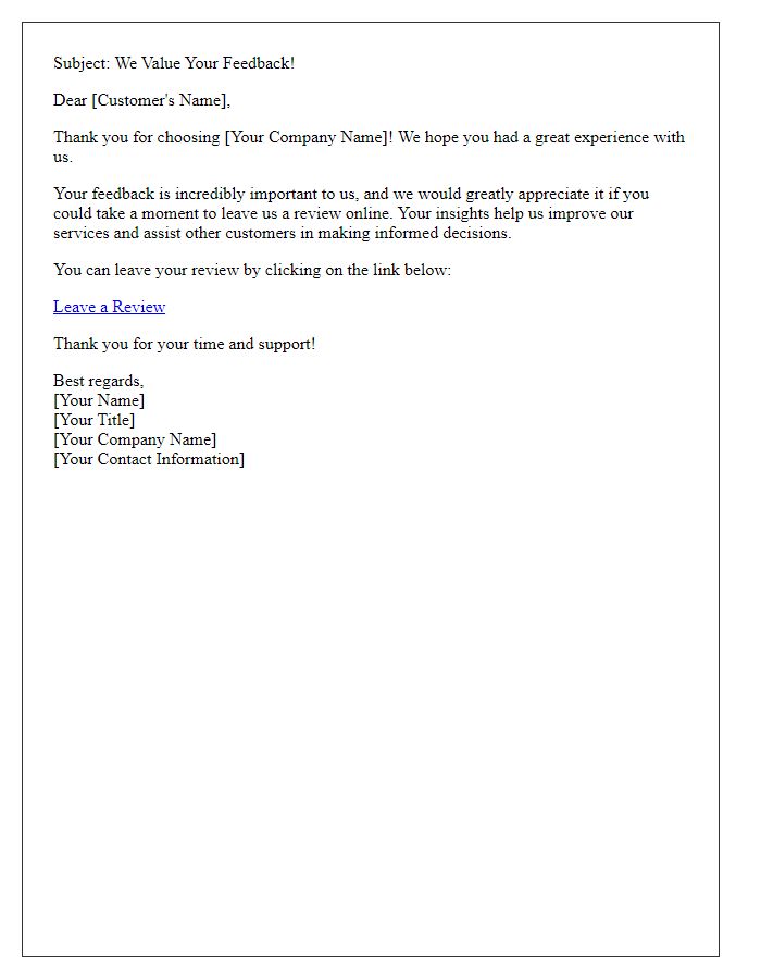 Letter template of an email request for online reviews.