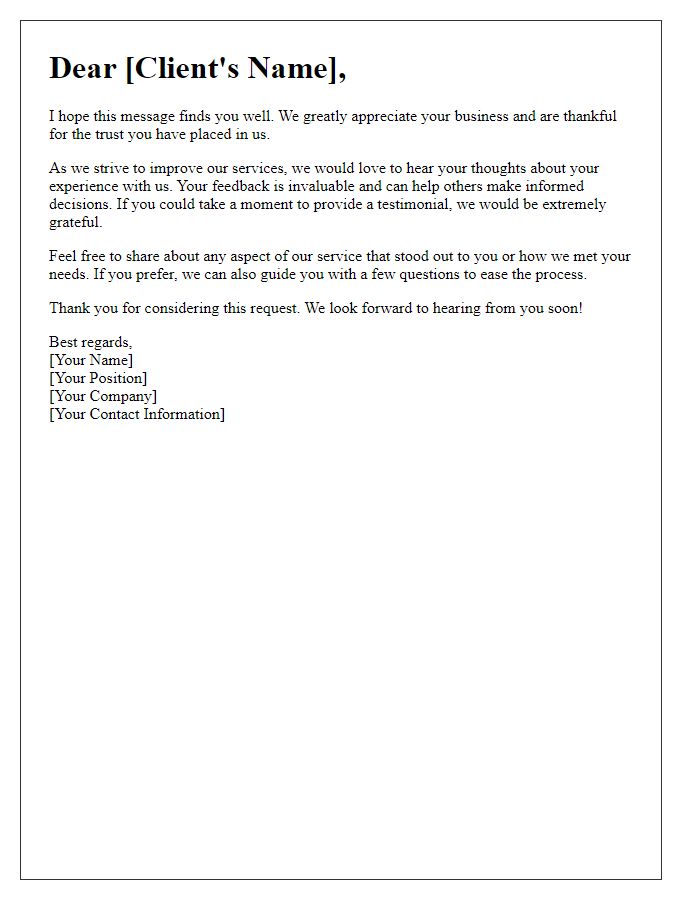 Letter template of a formal approach for client testimonials.