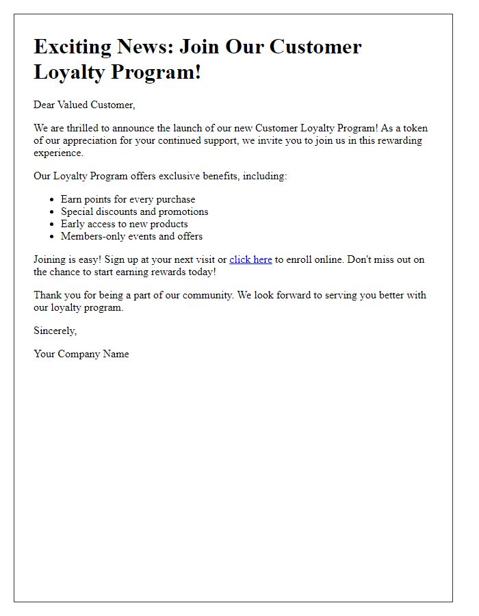 Letter template of customer loyalty program announcement