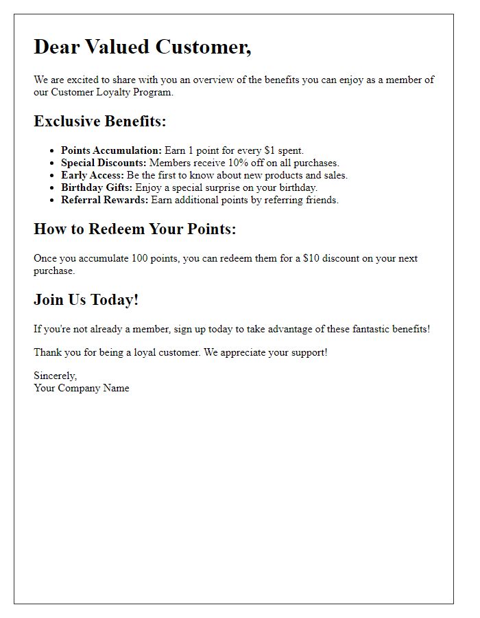 Letter template of customer loyalty program benefits overview