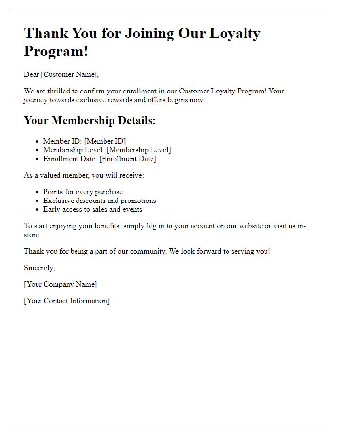 Letter template of customer loyalty program enrollment confirmation