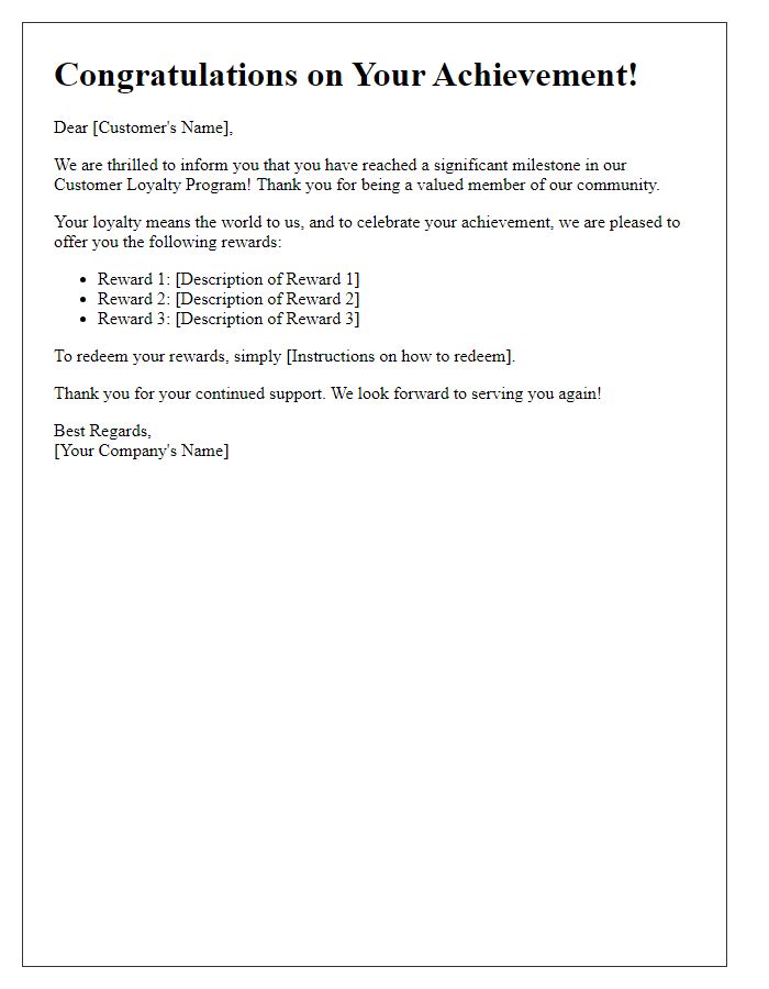 Letter template of customer loyalty program milestone rewards