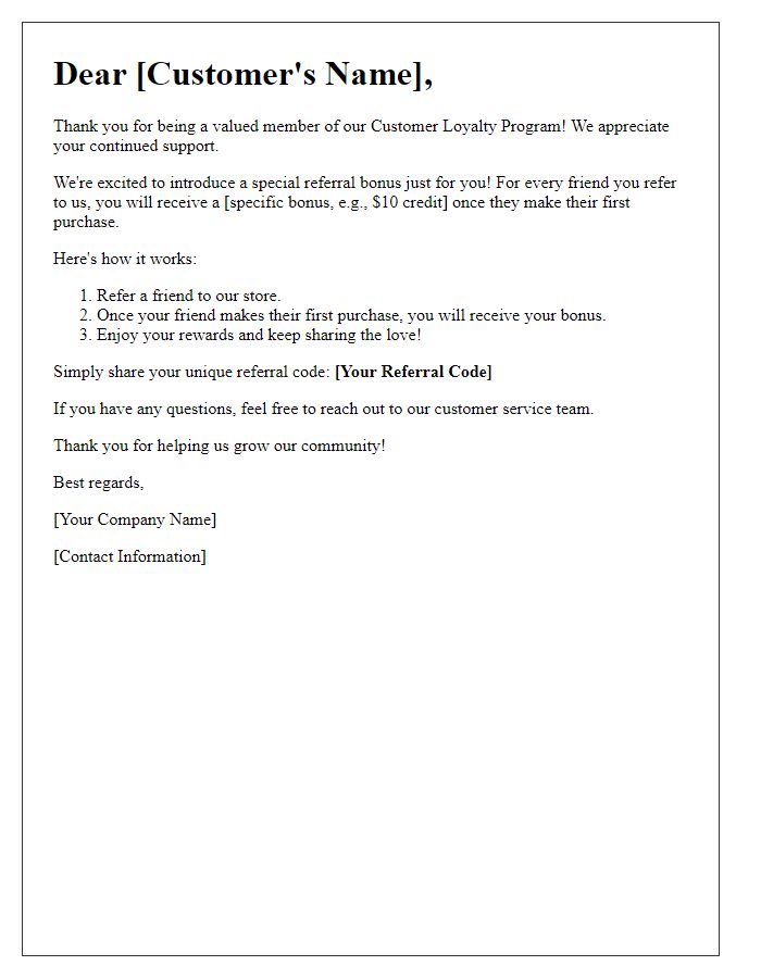 Letter template of customer loyalty program referral bonus