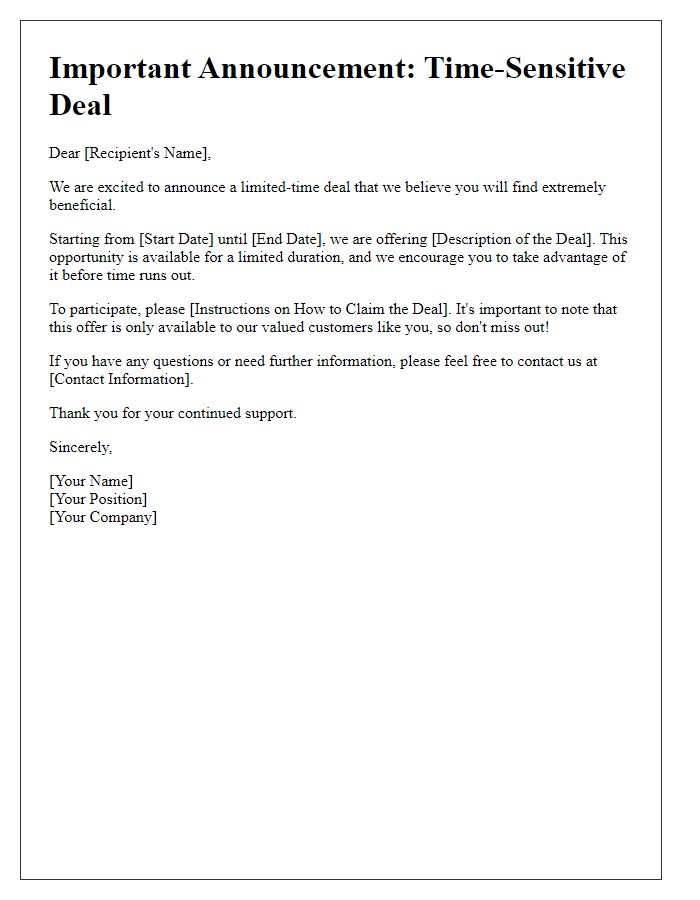 Letter template of time-sensitive deal announcement