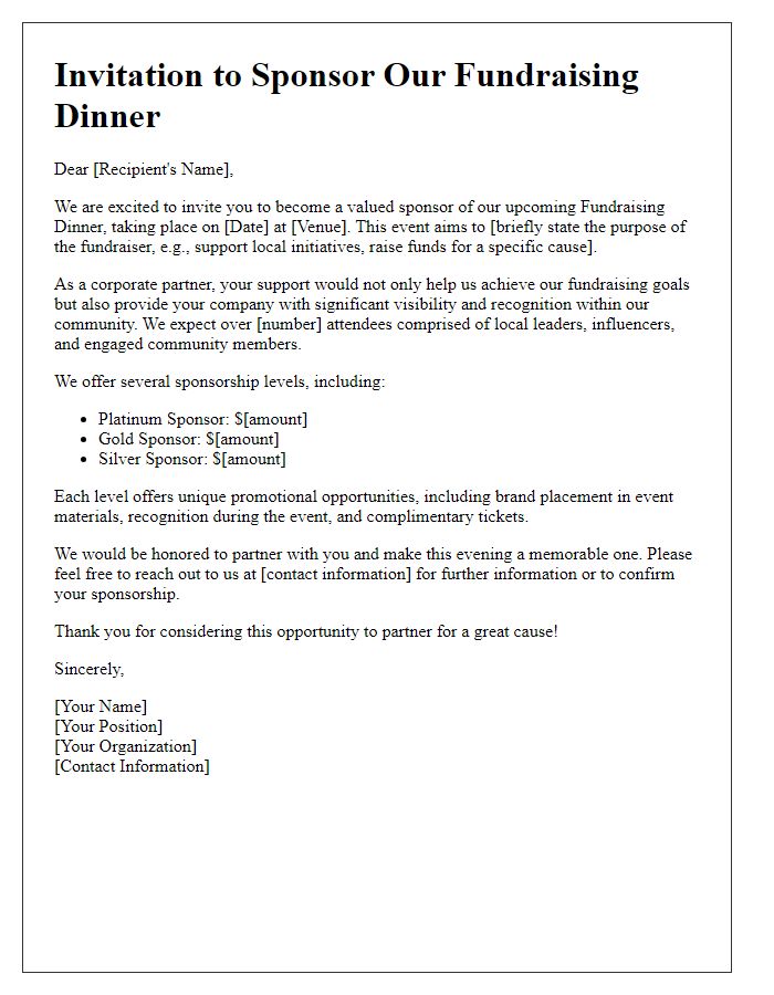 Letter template of corporate sponsorship invitation for fundraising dinner.