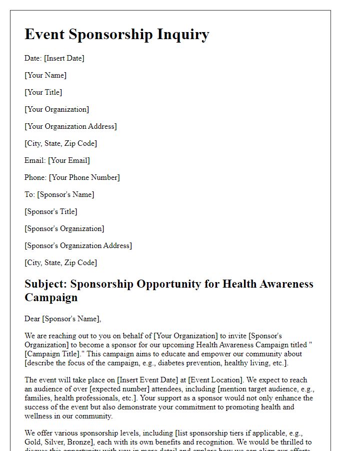 Letter template of event sponsorship inquiry for health awareness campaign.